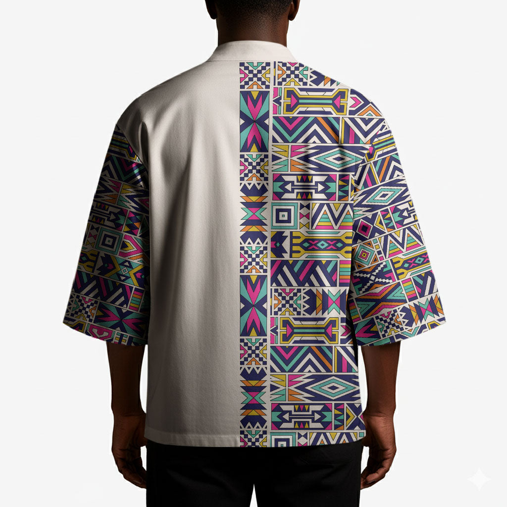African Ndebele Art Patterns Kimono Beige Half Style