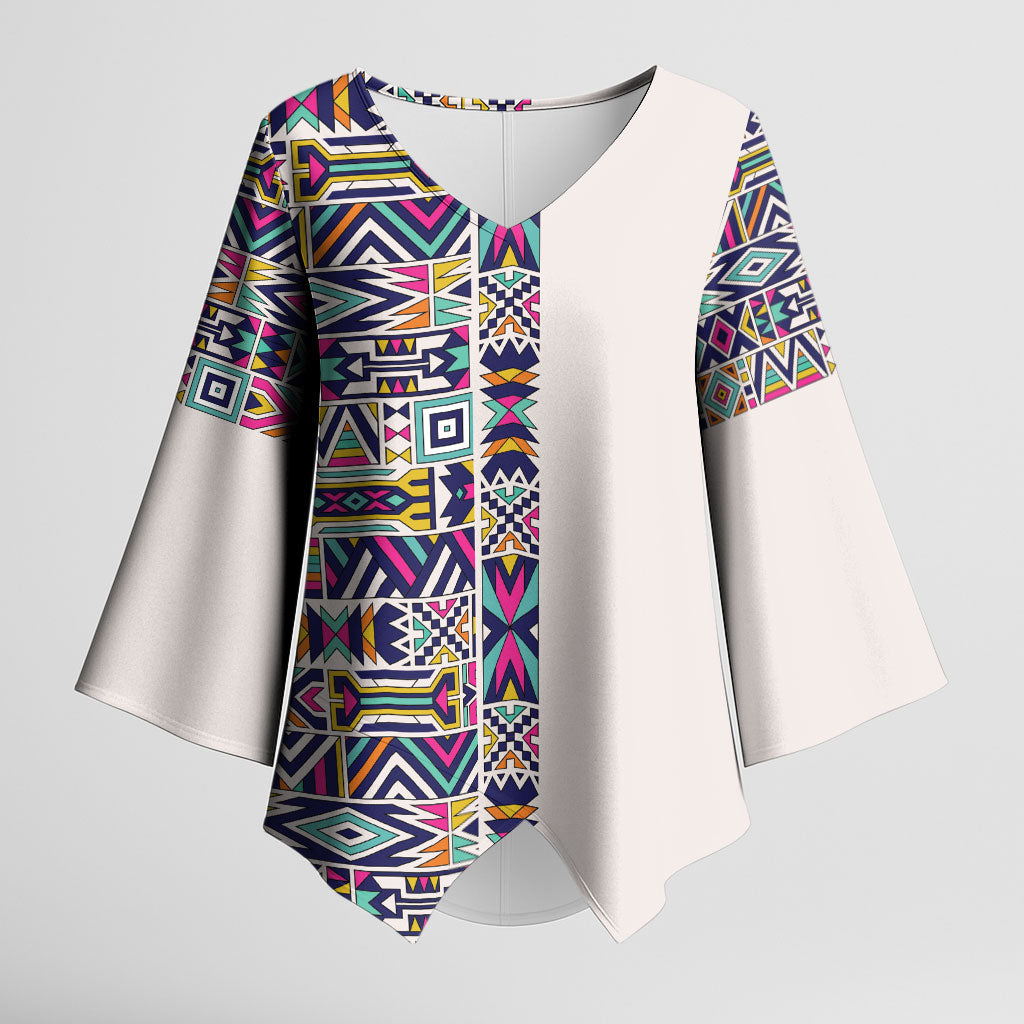 African Ndebele Art Patterns Kimono Sleeve Blouse Beige Half Style
