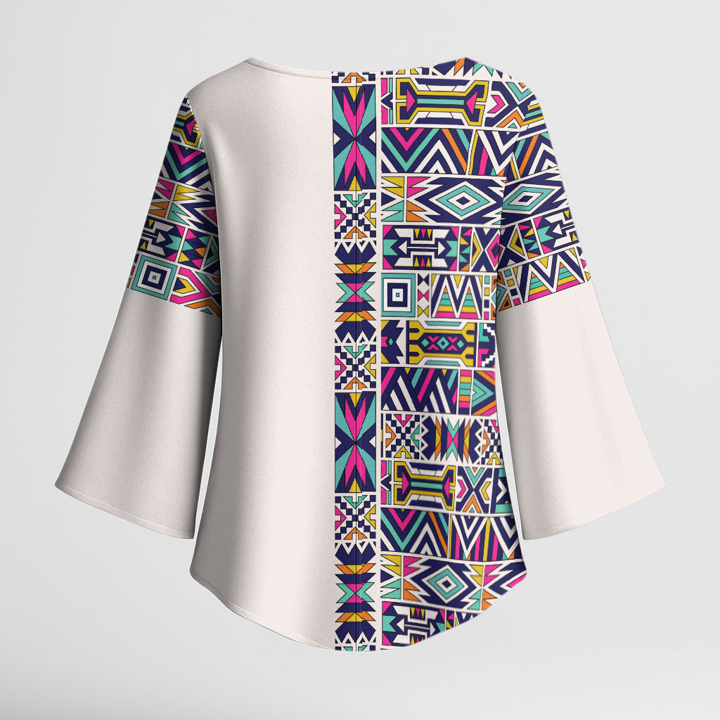 African Ndebele Art Patterns Kimono Sleeve Blouse Beige Half Style