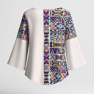 African Ndebele Art Patterns Kimono Sleeve Blouse Beige Half Style