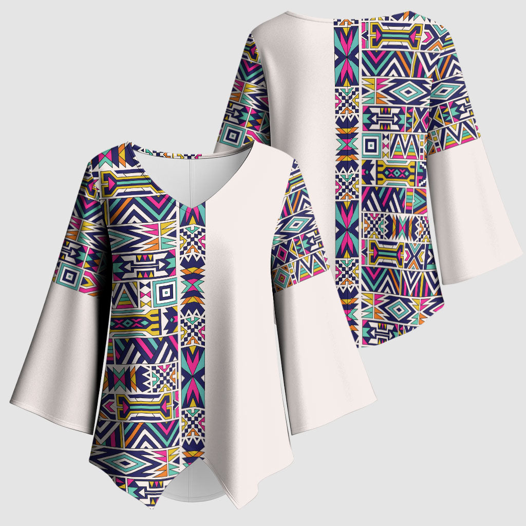 African Ndebele Art Patterns Kimono Sleeve Blouse Beige Half Style