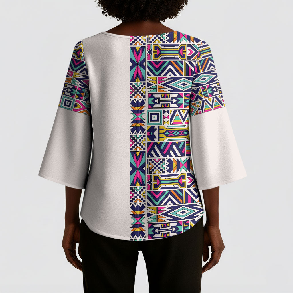 African Ndebele Art Patterns Kimono Sleeve Blouse Beige Half Style