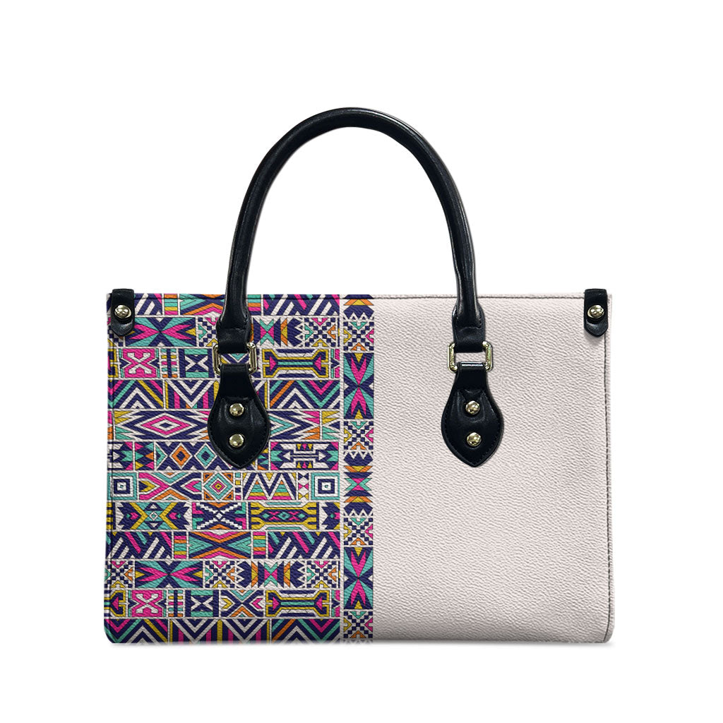 African Ndebele Art Patterns Leather Bag Beige Half Style