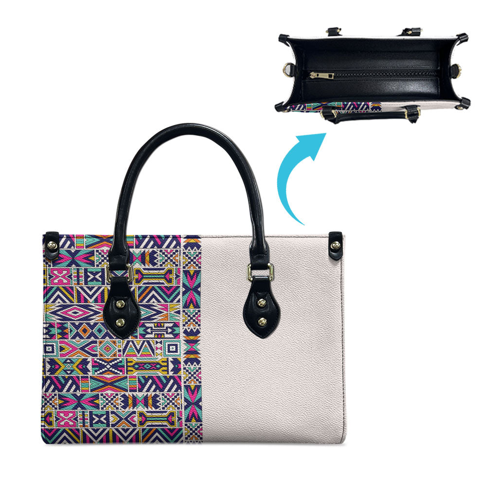 African Ndebele Art Patterns Leather Bag Beige Half Style