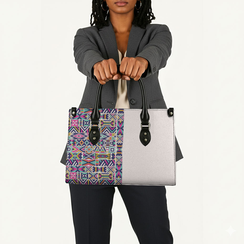 African Ndebele Art Patterns Leather Bag Beige Half Style