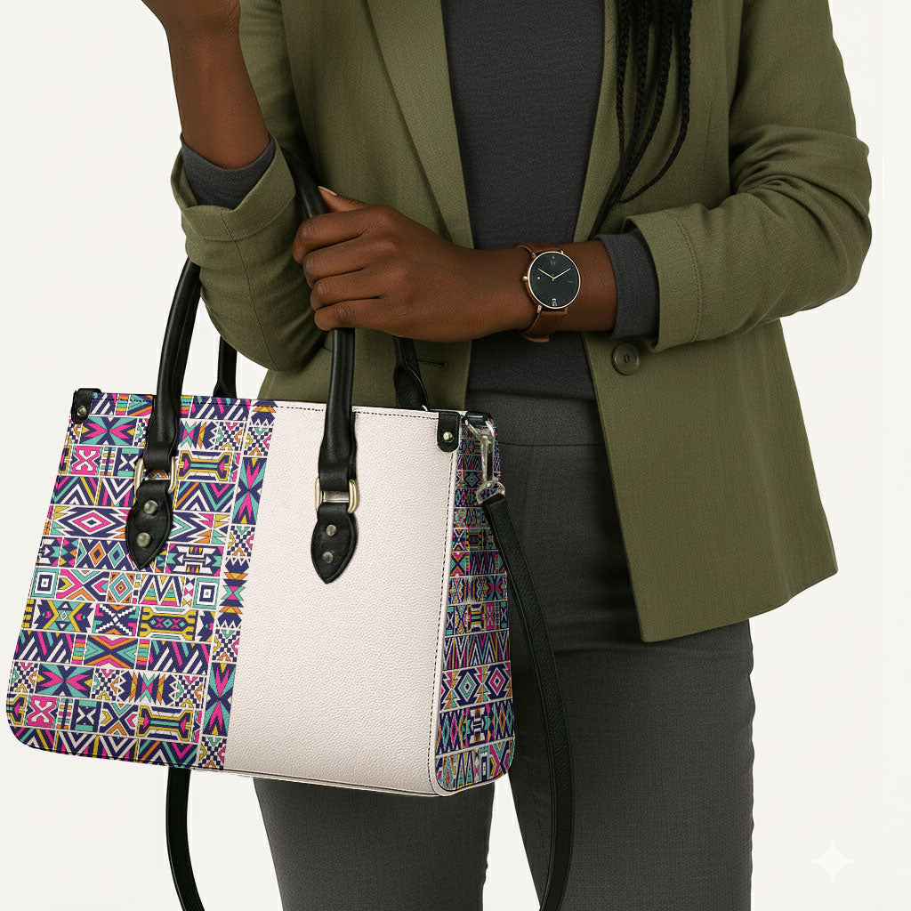African Ndebele Art Patterns Leather Bag Beige Half Style