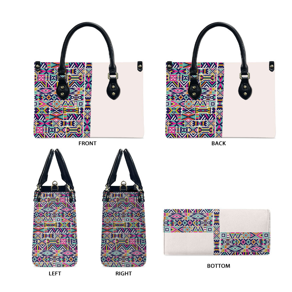 African Ndebele Art Patterns Leather Bag Beige Half Style