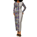 African Ndebele Art Patterns Long Sleeve Bodycon Dress Beige Half Style