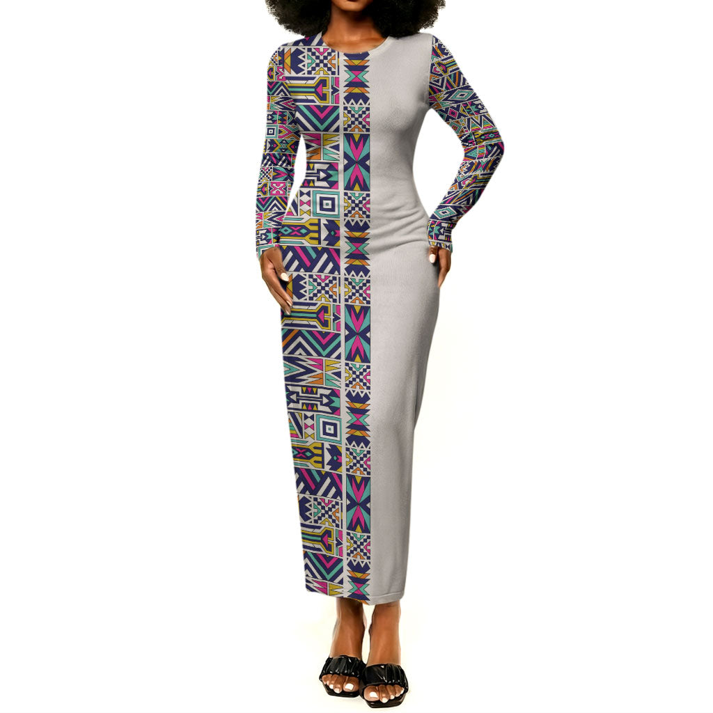 African Ndebele Art Patterns Long Sleeve Bodycon Dress Beige Half Style