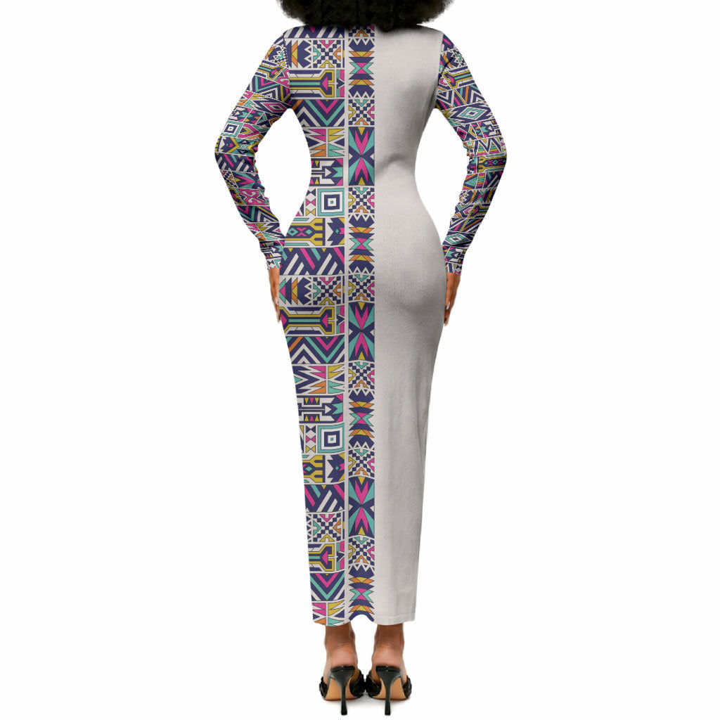 African Ndebele Art Patterns Long Sleeve Bodycon Dress Beige Half Style