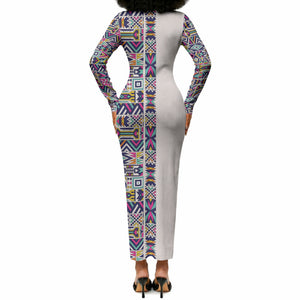 African Ndebele Art Patterns Long Sleeve Bodycon Dress Beige Half Style