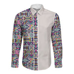 African Ndebele Art Patterns Long Sleeve Button Shirt Beige Half Style