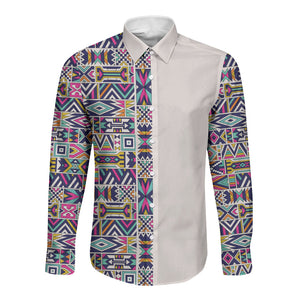 African Ndebele Art Patterns Long Sleeve Button Shirt Beige Half Style