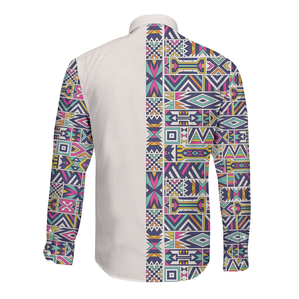 African Ndebele Art Patterns Long Sleeve Button Shirt Beige Half Style