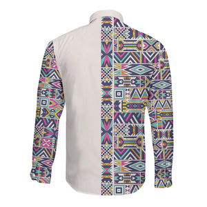 African Ndebele Art Patterns Long Sleeve Button Shirt Beige Half Style