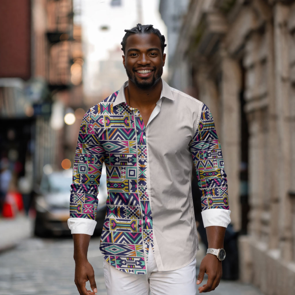 African Ndebele Art Patterns Long Sleeve Button Shirt Beige Half Style
