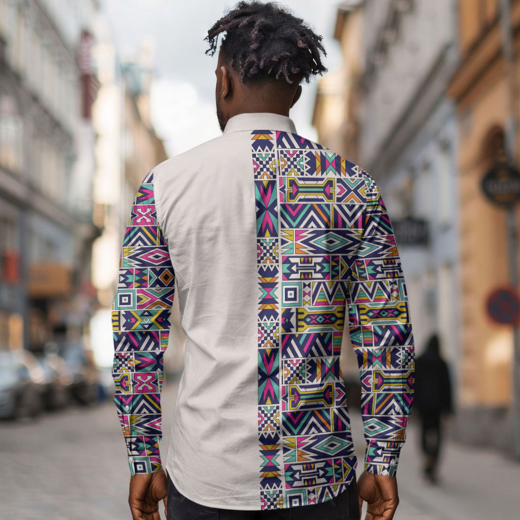 African Ndebele Art Patterns Long Sleeve Button Shirt Beige Half Style