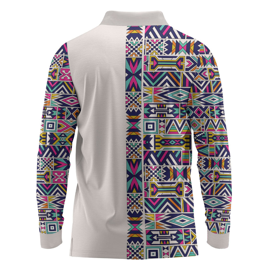 African Ndebele Art Patterns Long Sleeve Polo Shirt Beige Half Style