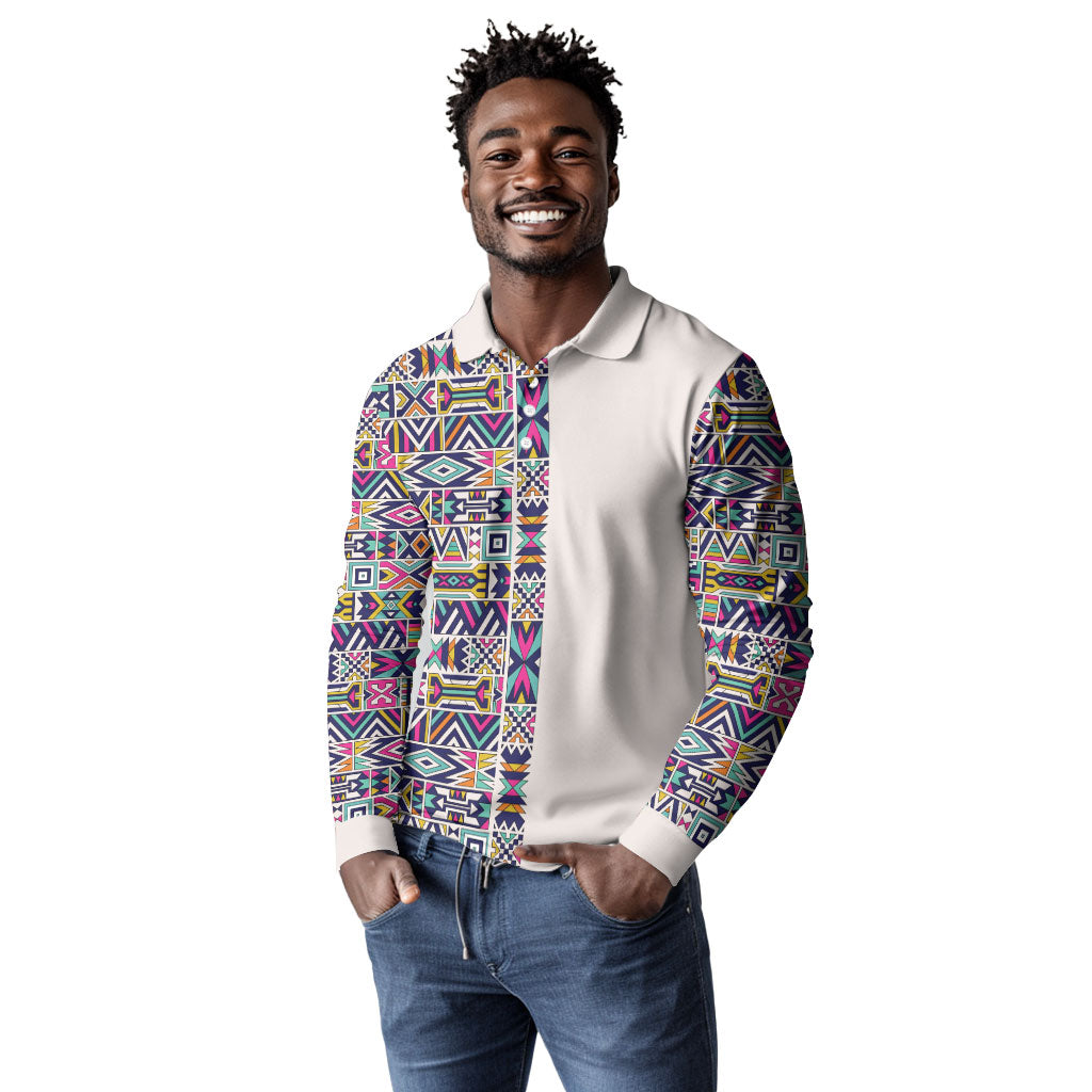 African Ndebele Art Patterns Long Sleeve Polo Shirt Beige Half Style