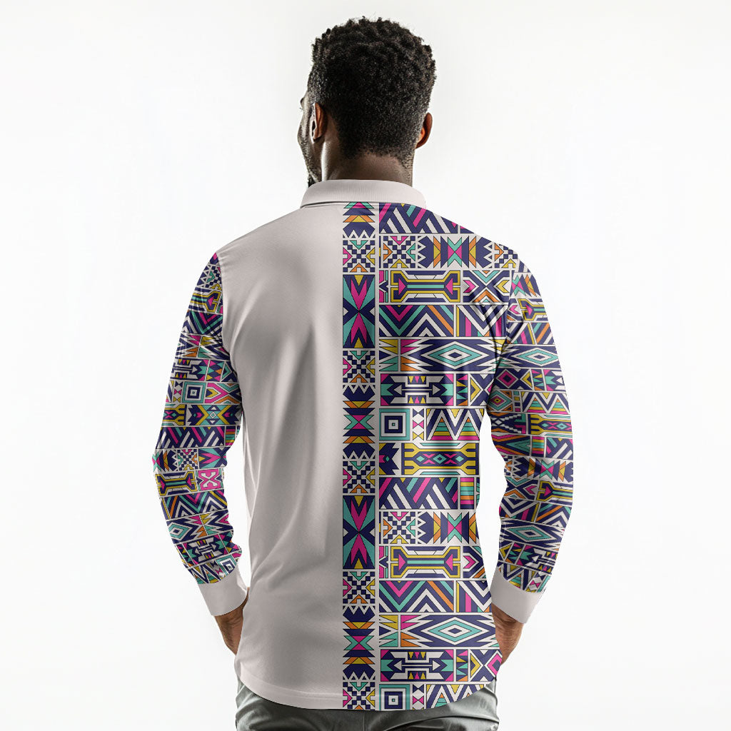 African Ndebele Art Patterns Long Sleeve Polo Shirt Beige Half Style