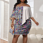 African Ndebele Art Patterns Off Shoulder Short Dress Beige Half Style