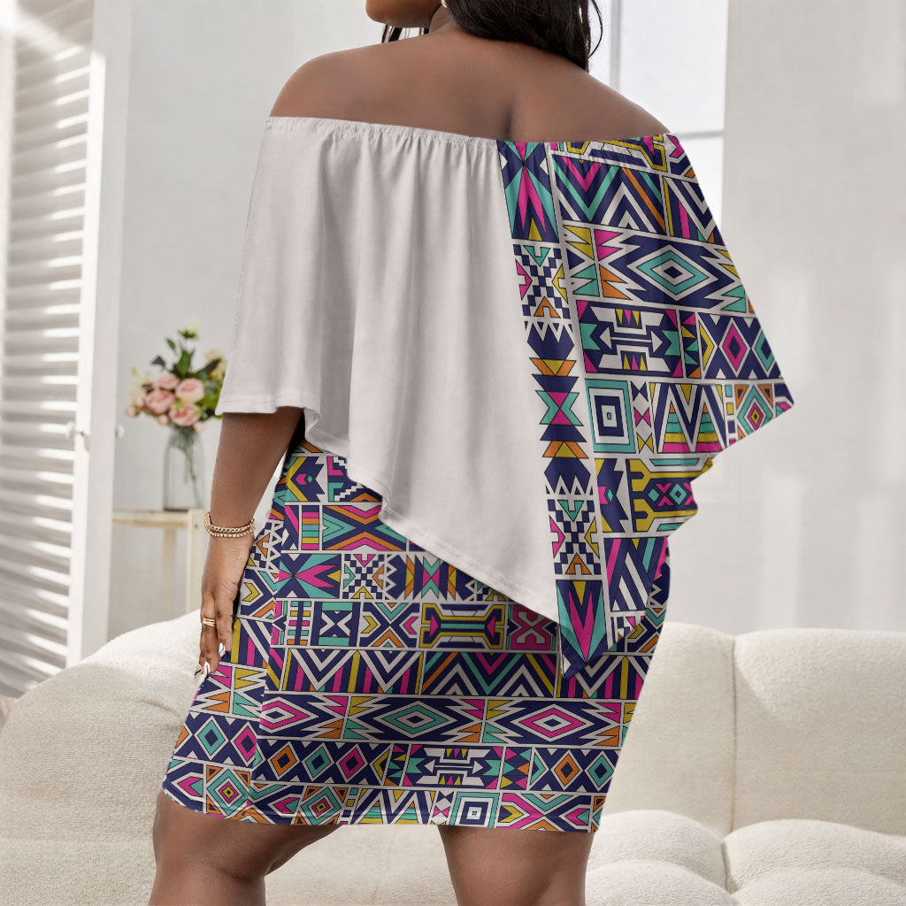 African Ndebele Art Patterns Off Shoulder Short Dress Beige Half Style