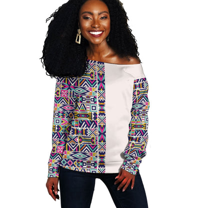 African Ndebele Art Patterns Off Shoulder Sweater Beige Half Style
