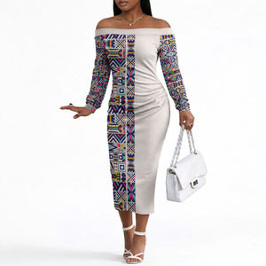 African Ndebele Art Patterns Off The Shoulder Long Sleeve Dress Beige Half Style