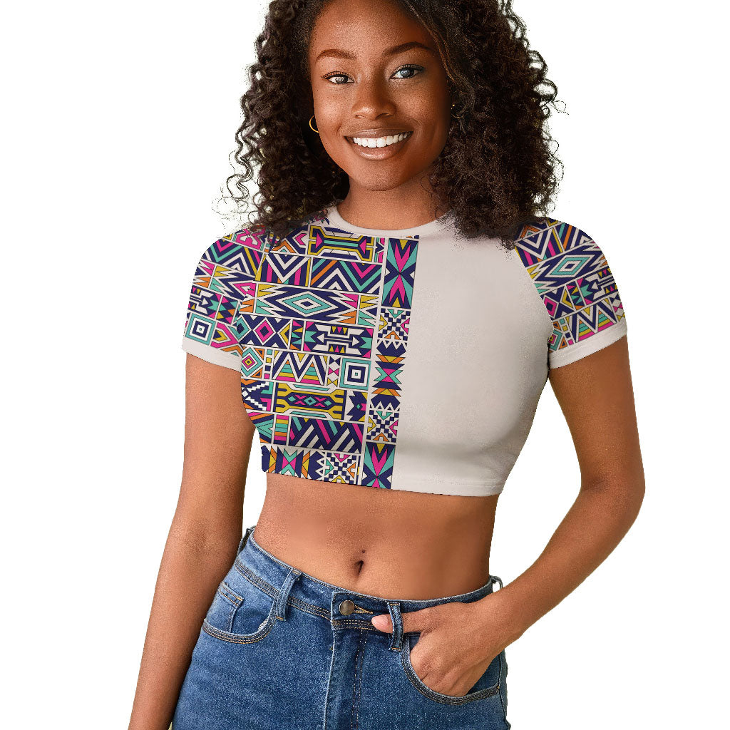 African Ndebele Art Patterns Raglan Cropped T shirt Beige Half Style