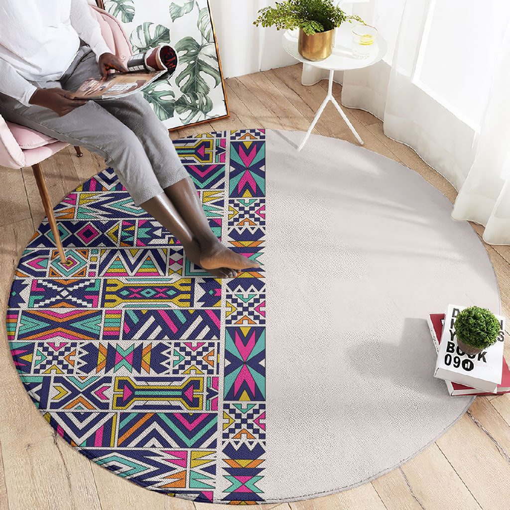 African Ndebele Art Patterns Round Carpet Beige Half Style