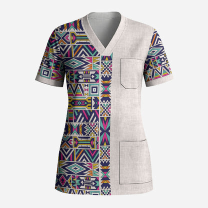 African Ndebele Art Patterns Scrub Top Beige Half Style