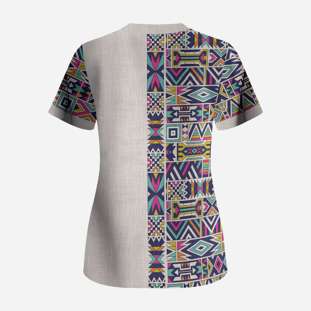 African Ndebele Art Patterns Scrub Top Beige Half Style