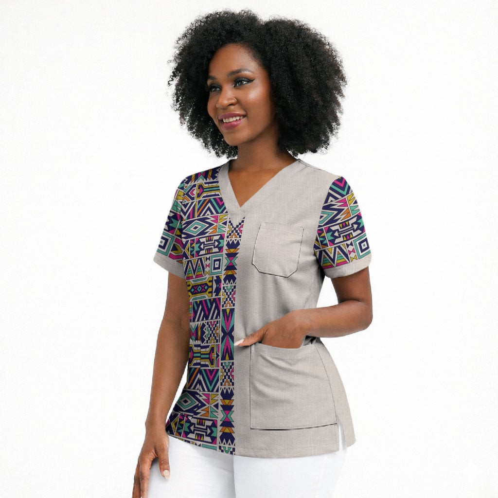 African Ndebele Art Patterns Scrub Top Beige Half Style