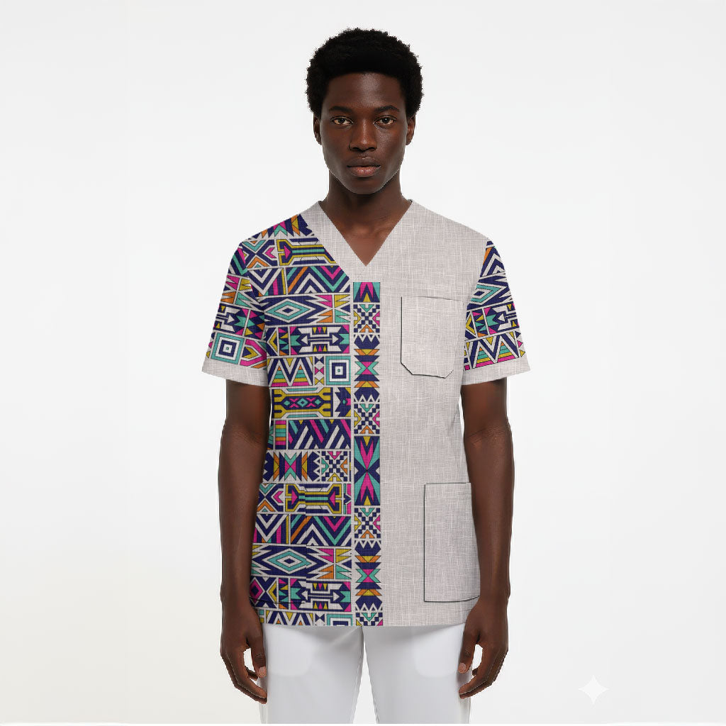 African Ndebele Art Patterns Scrub Top Beige Half Style