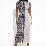 African Ndebele Art Patterns Short Sleeve Bodycon Dress Beige Half Style