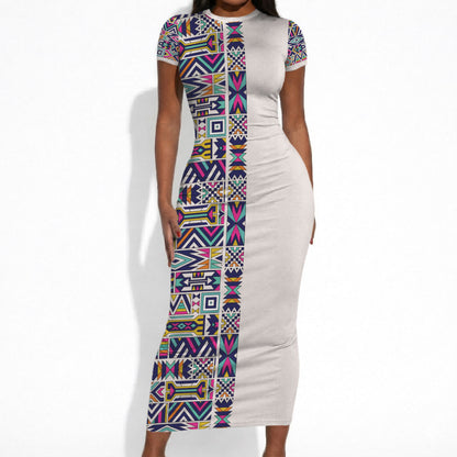 African Ndebele Art Patterns Short Sleeve Bodycon Dress Beige Half Style