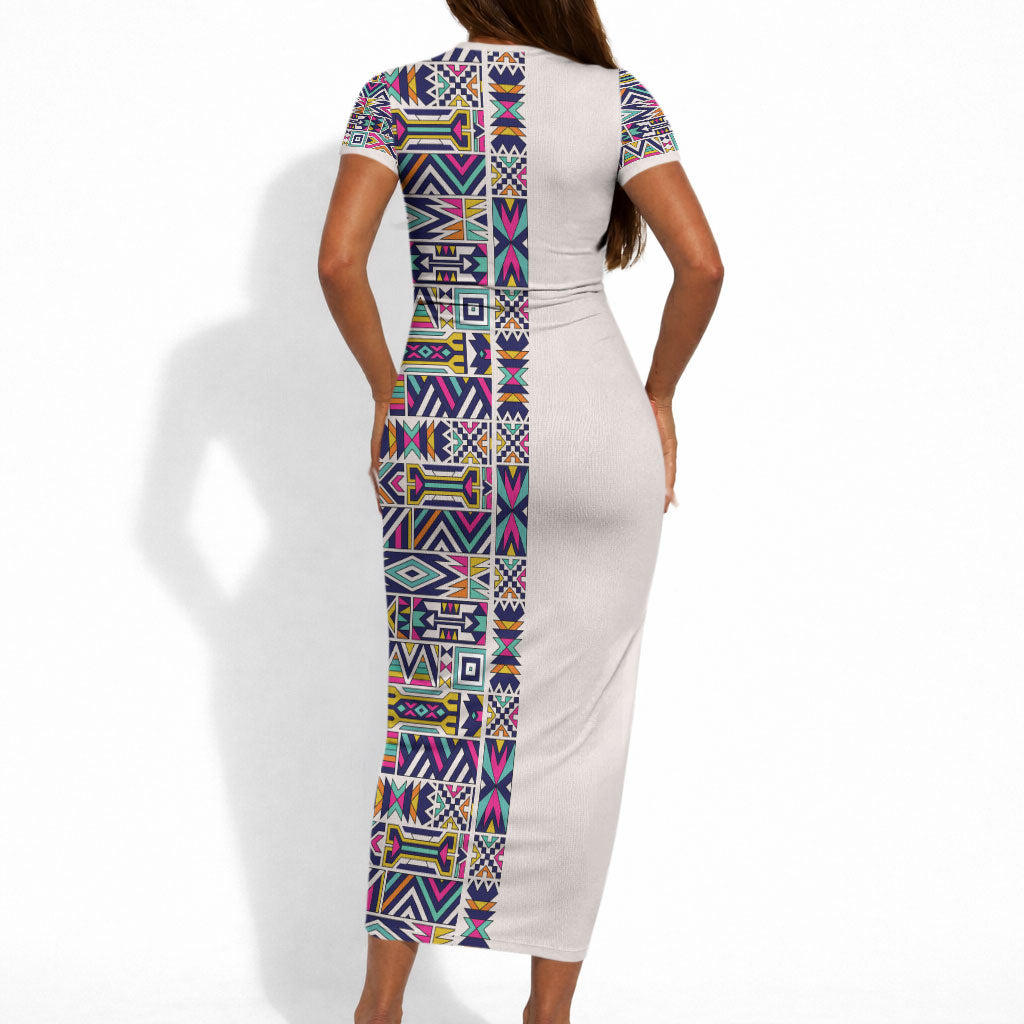 African Ndebele Art Patterns Short Sleeve Bodycon Dress Beige Half Style