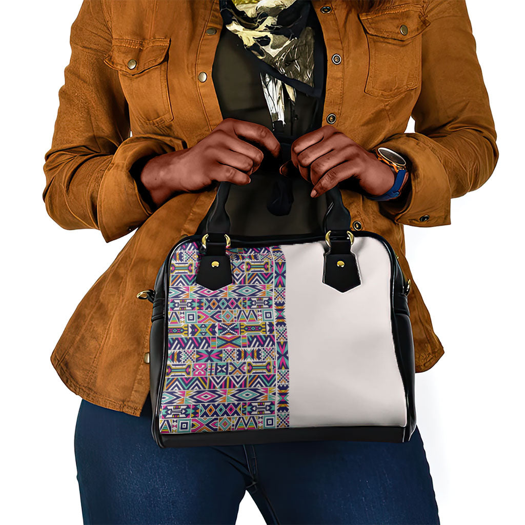 African Ndebele Art Patterns Shoulder Handbag Beige Half Style