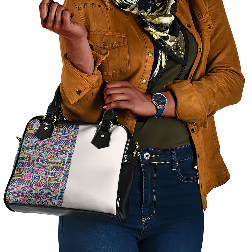 African Ndebele Art Patterns Shoulder Handbag Beige Half Style