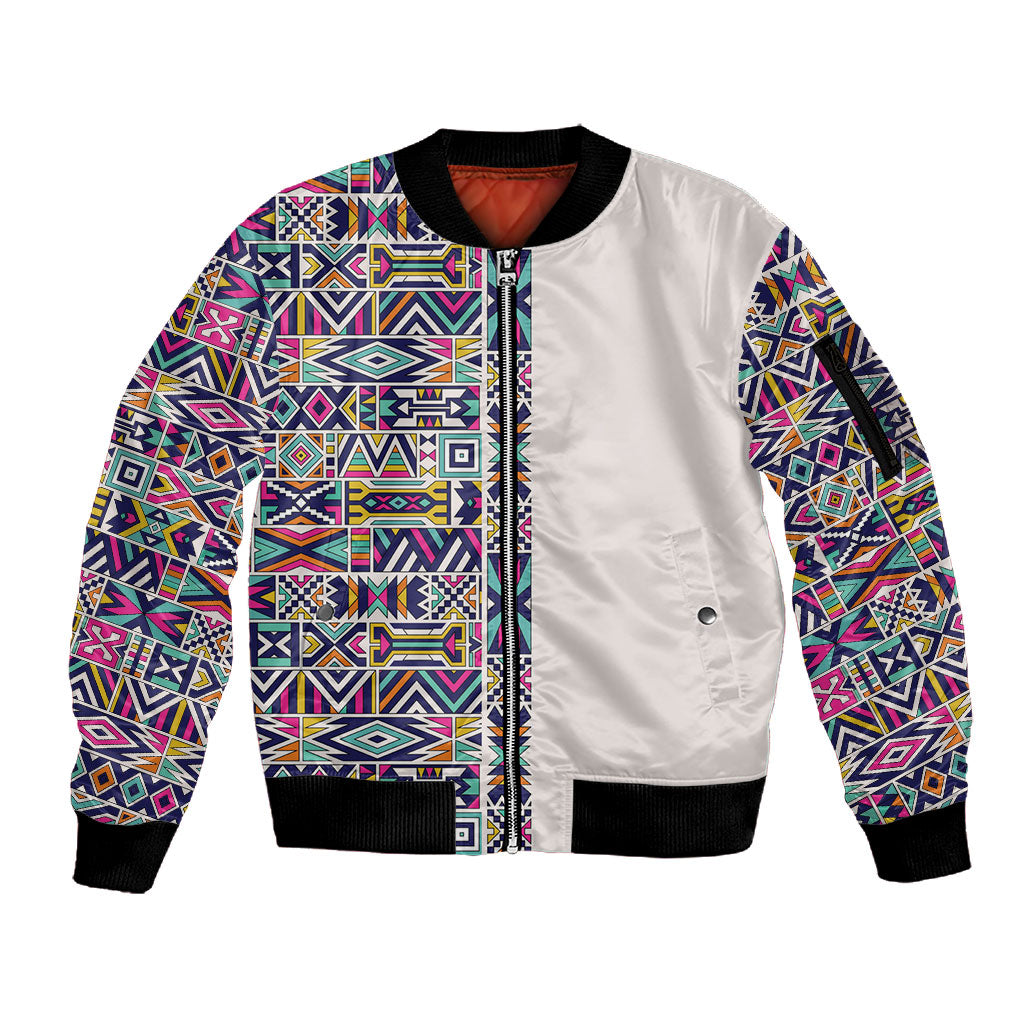 African Ndebele Art Patterns Sleeve Zip Bomber Jacket Beige Half Style