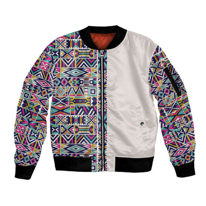 African Ndebele Art Patterns Sleeve Zip Bomber Jacket Beige Half Style