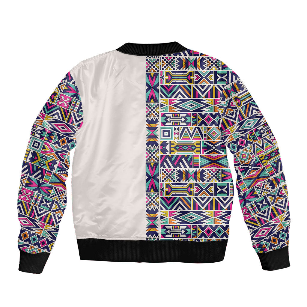 African Ndebele Art Patterns Sleeve Zip Bomber Jacket Beige Half Style