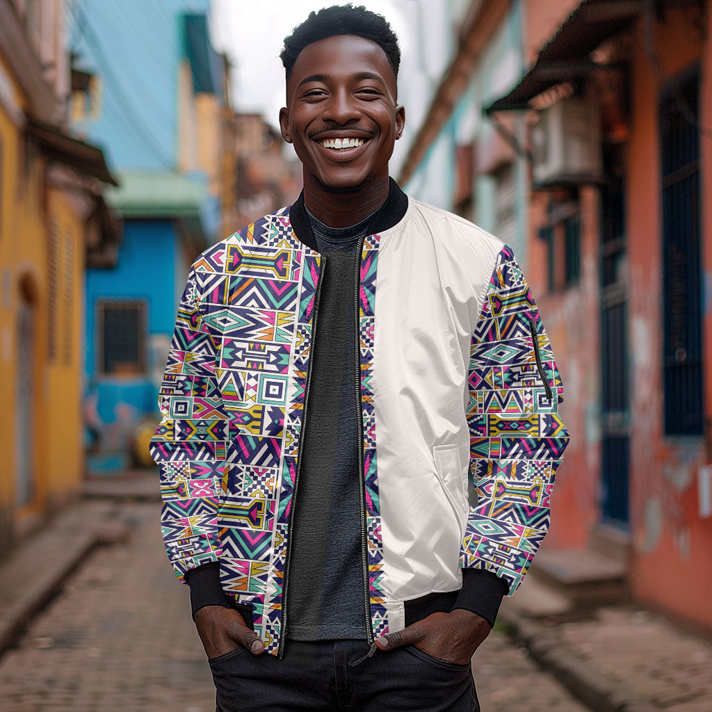 African Ndebele Art Patterns Sleeve Zip Bomber Jacket Beige Half Style