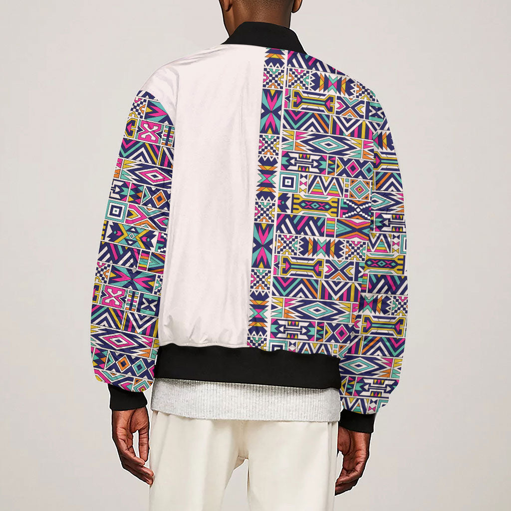 African Ndebele Art Patterns Sleeve Zip Bomber Jacket Beige Half Style