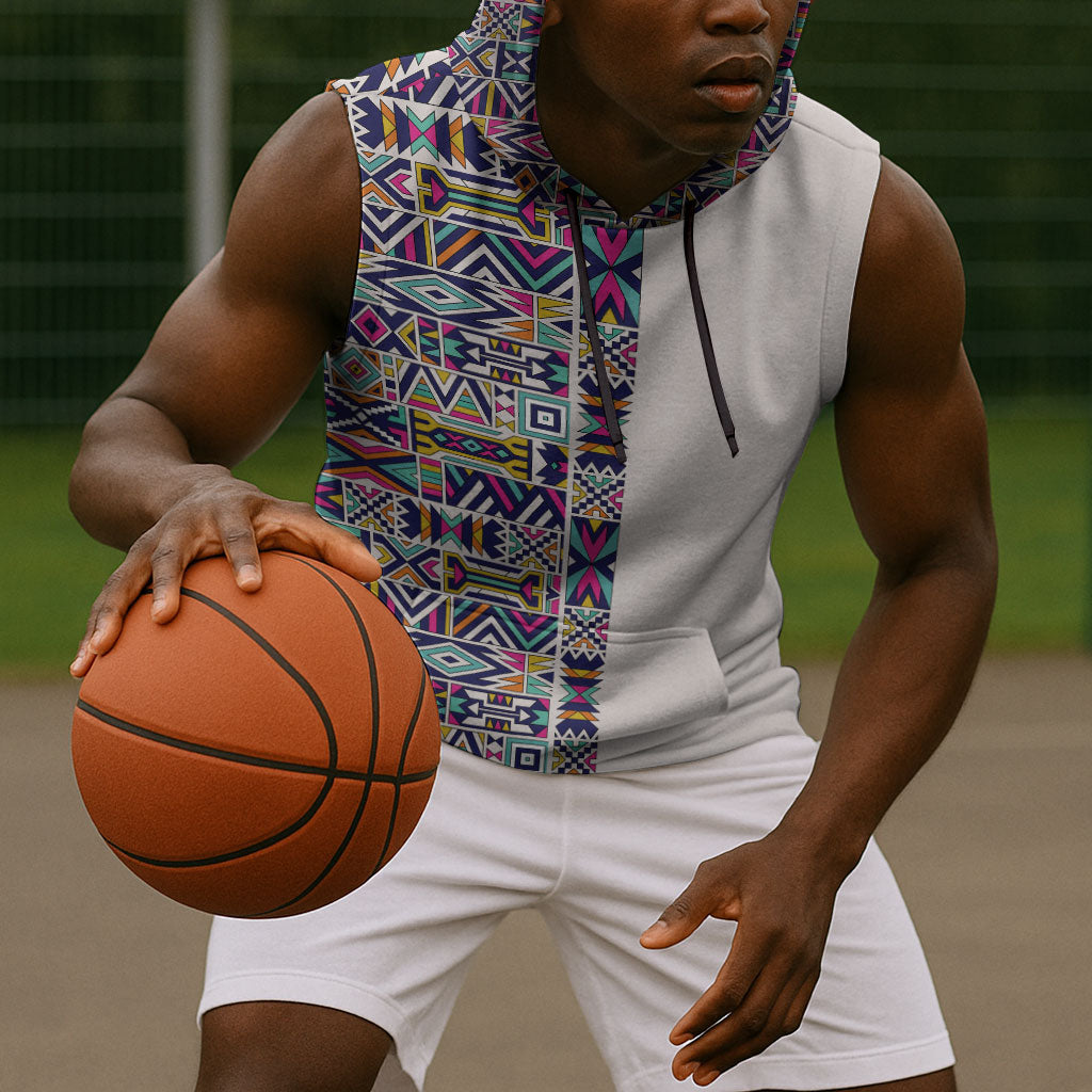 African Ndebele Art Patterns Sleeveless Hoodie Beige Half Style