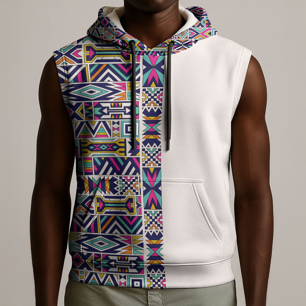 African Ndebele Art Patterns Sleeveless Hoodie Beige Half Style