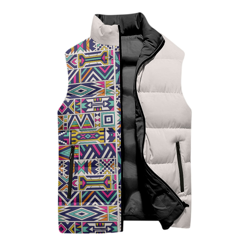African Ndebele Art Patterns Sleeveless Puffer Jacket Beige Half Style