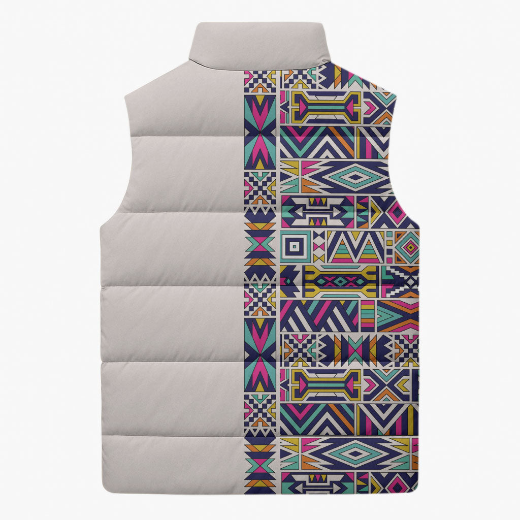 African Ndebele Art Patterns Sleeveless Puffer Jacket Beige Half Style