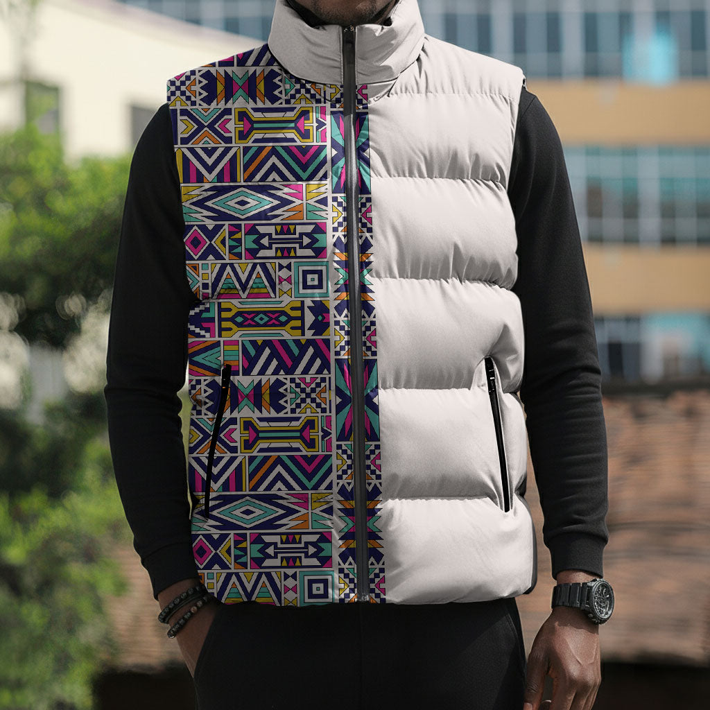 African Ndebele Art Patterns Sleeveless Puffer Jacket Beige Half Style