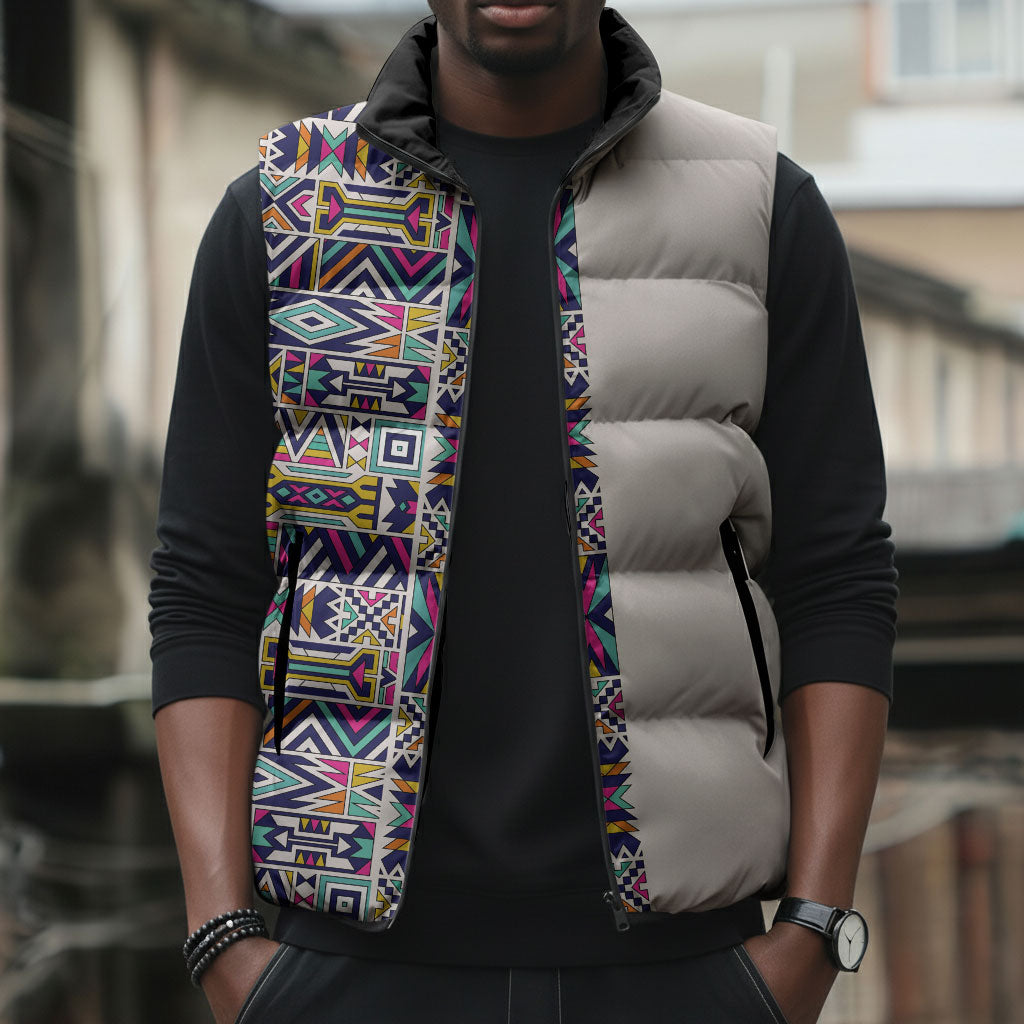 African Ndebele Art Patterns Sleeveless Puffer Jacket Beige Half Style